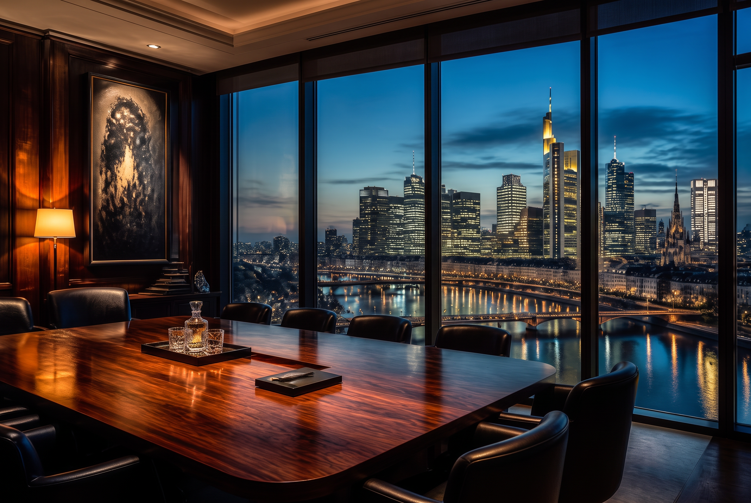 Privater Boardroom mit Blick auf die Frankfurter Skyline zur blauen Stunde